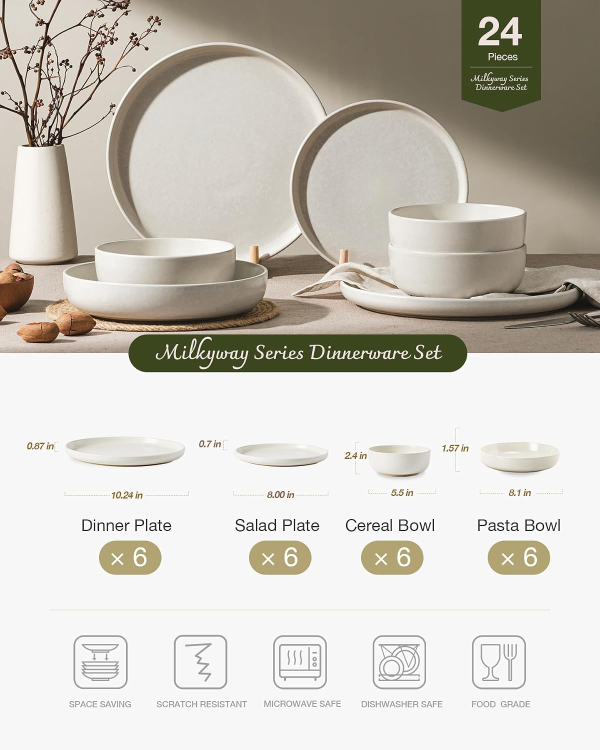 Famiware Milkyway 24-Piece Stoneware Dinnerware Set with Pasta Bowls image 2