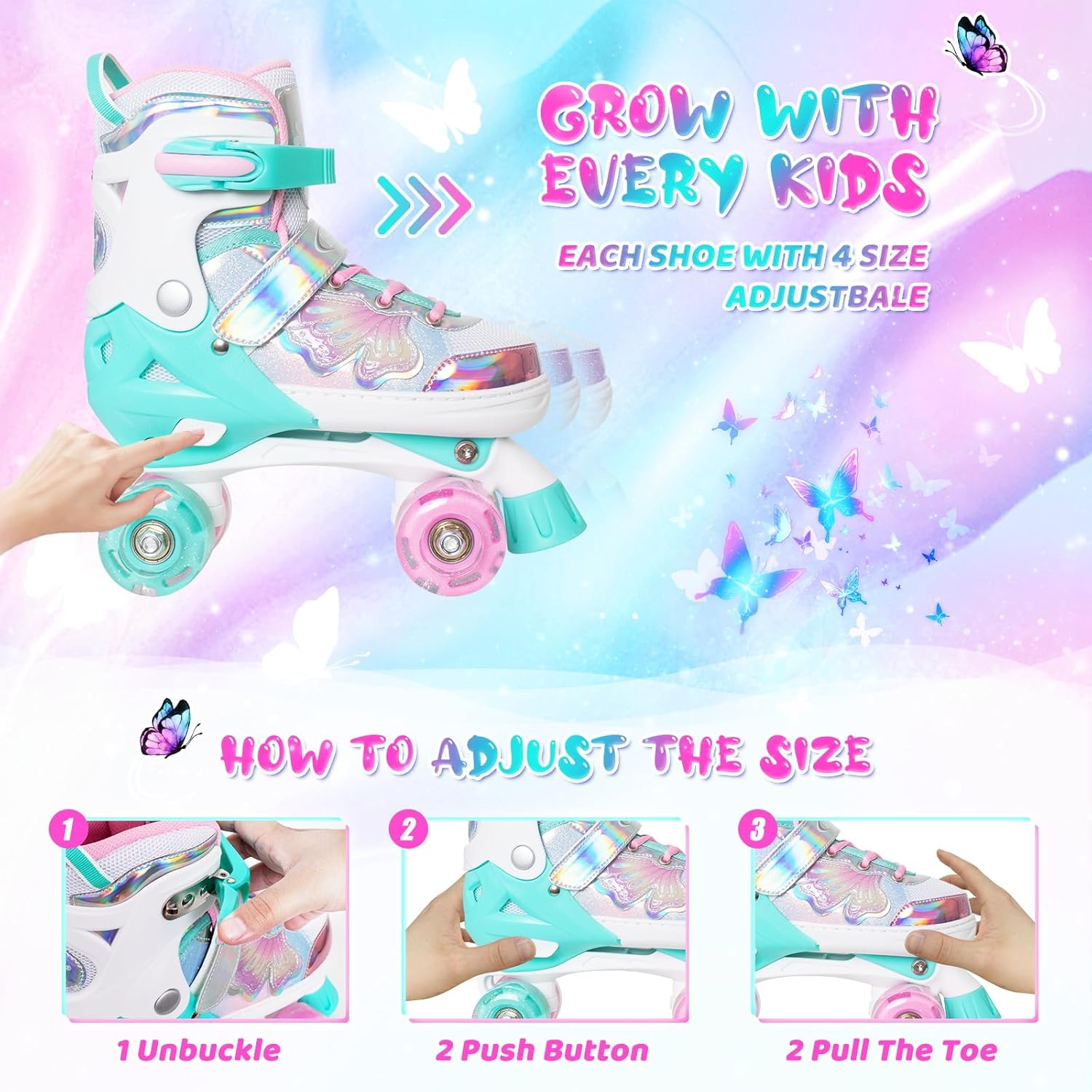 MammyGol Kids Roller Skates for Girls or Boys, Adjustable Roller Skates for Children with Beautiful Butterflies, Beginners 3-16 Years Old Light up Quad Skates Indoor Outdoor