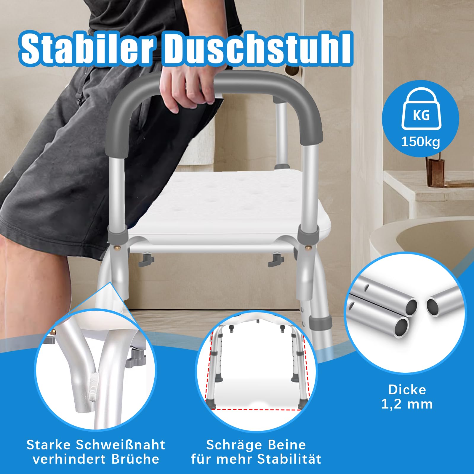 Höhenverstellbarer Duschhocker mit U-Sitz & Duschkopf-Halterung - 6-Stufen Badewannenhocker (38-67cm) aus Aluminium, rutschfest für Senioren und barrierefreies Baden