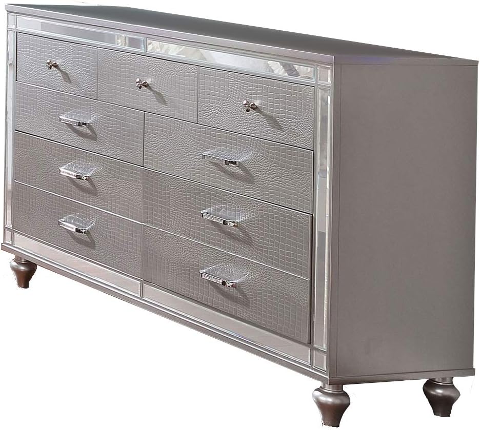 Benjara , Silver Contemporary Wooden Dresser with Nine Drawers and Turned Legs
