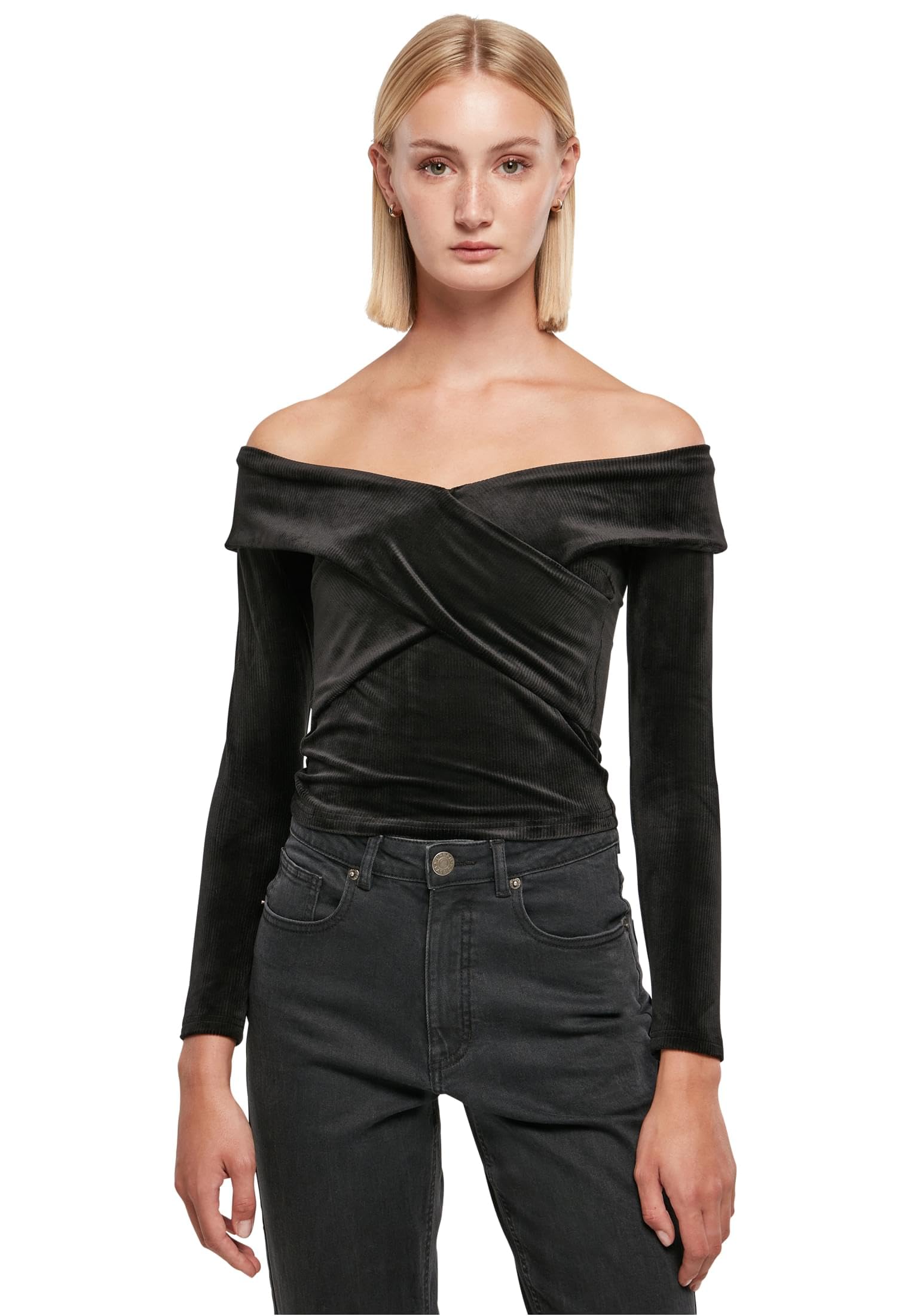 Urban Classics Women's Ladies Velvet Rib Crossed Off Shoulder Longsleeve T-Shirt, Black, M