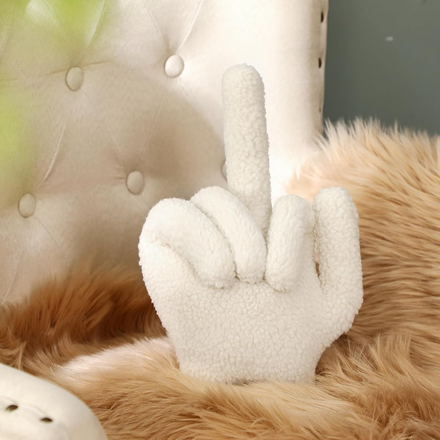Menkxi Small Middle Finger Decorative Pillow 13.78 x 9.84 in Funny Shaped Sherpa Fleece Throw Pillow Warm Soft Emoticon Cushion Middle Finger Decor for Couch Gag Gift(Ivory)