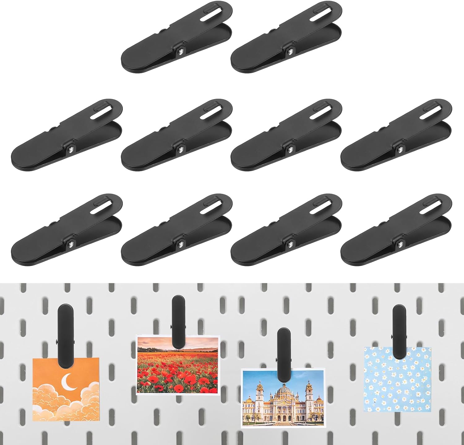 uxcell 10Pcs Pegboard Accessories Clips, 3.1 x 0.8 in Pegboard Clips Metal Accessory Hook Metal Peg Board Photo Clip for Crafts Kitchen Office Wall Organize Storage Display, Black