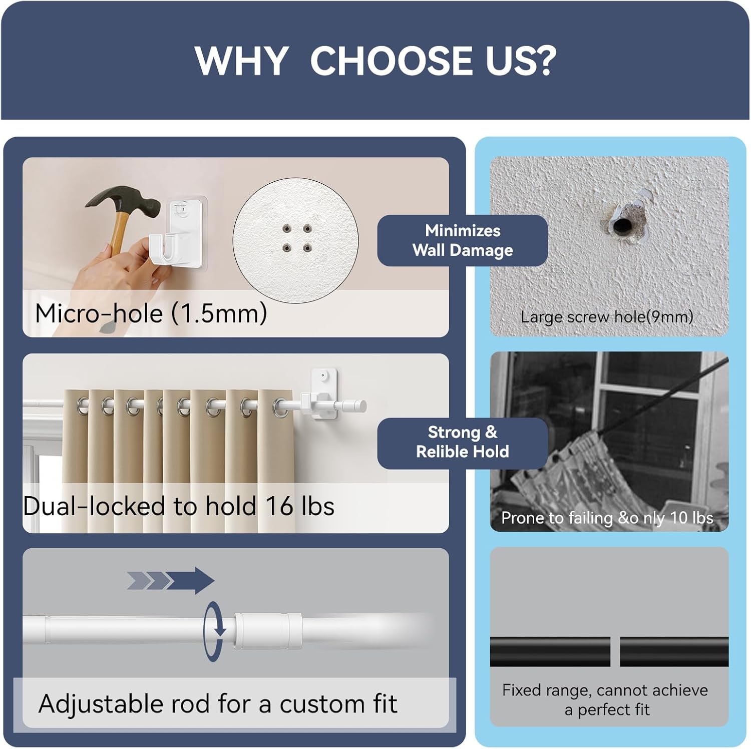 2.0 Dual No-Drill Curtain Rod for Windows 48-84 inches – Renter-Friendly Adhesive & Pin-Nail Mount, 5/8" White Adjustable Rod, Minimal Wall Damage