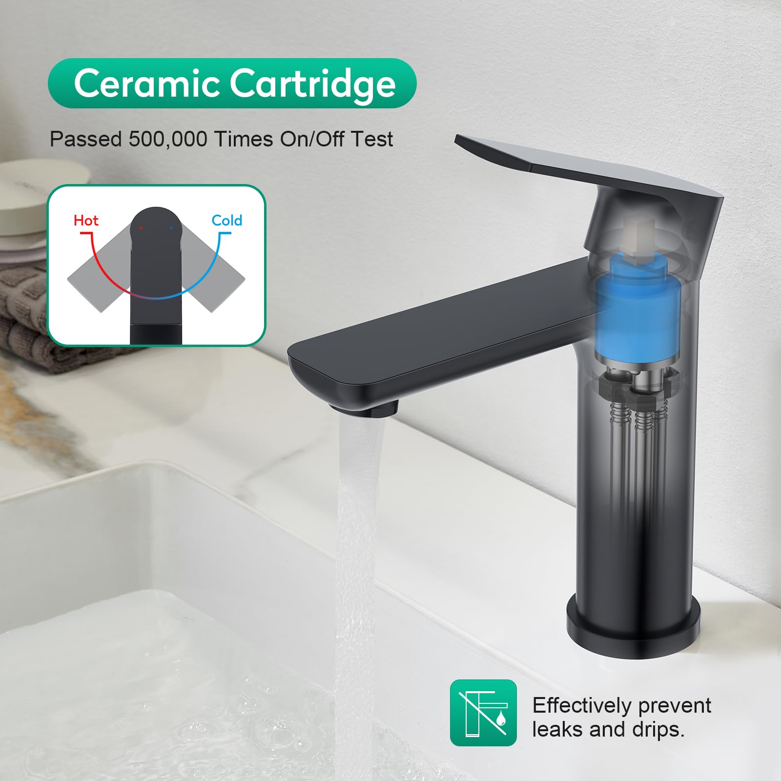 CREA Grifo de baño, grifo de lavabo con desagüe, grifo mezclador de ahorro de agua, grifo de alta presión para baño, monomando, color negro mate