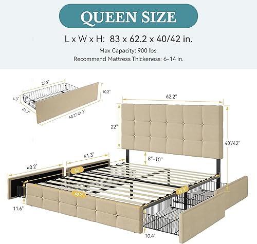 Miniatura 29 de HOOMIC Base de cama de almacenamiento de plataforma de tamaño matrimonial con 4 cajones y cabecera ajustable, listones de madera, no necesita Negro,