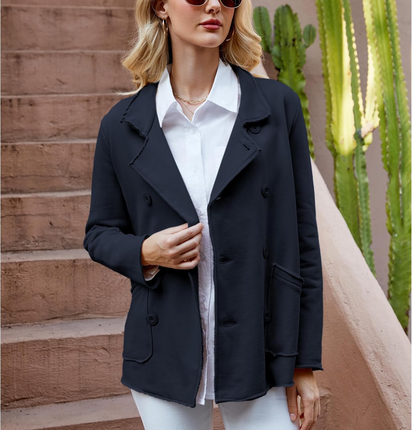 Ainangua Classic Trench Coats for Women Double Breasted Belfast Fleece Peacoat Jackets Essentials Fall Winter Coat - Image 3