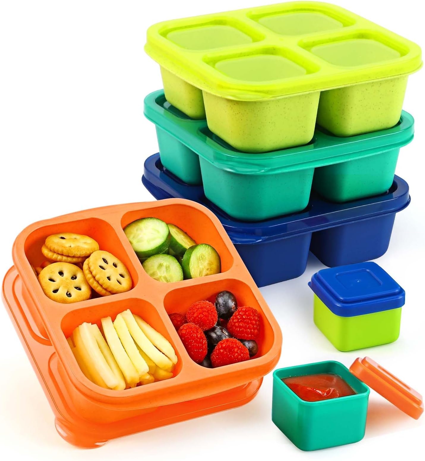 Lunchable Snack Containers - 4 Pack Bento Snack Boxes with 4-Compartment, 2 Leakproof Dip Cups, Reusable Divided Food Containers for School, Work, Travel (Jewel Brights)