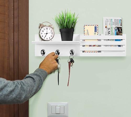 Miniatura 7 de Greenco Estante flotante montado en la pared para entrada con ganchos, sombrero y abrigo, estante de almacenamiento colgante de madera, 24 pulgadas,