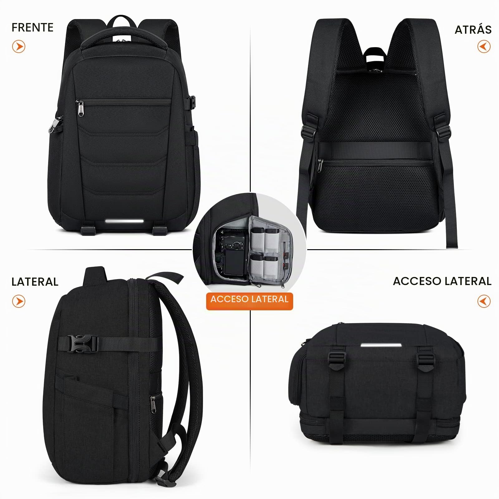 RAINSMORE Mochila Camara Fotos, Mochilas Fotografia, Bolsa Camara Reflex con Compartimento para Portátil de 14 y Funda Impermeable para Canon, Nikon y Sony Negro