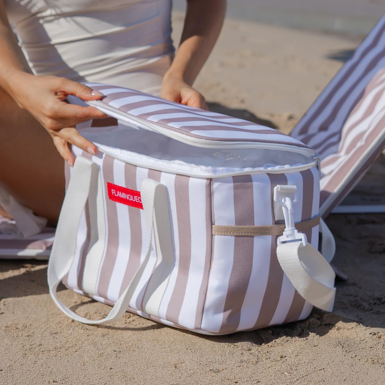 Flamingueo Borsa Termica - Per Spiaggia, Piscina e Picnic - Capacità 12L - Mantiene il Freddo 4 Ore - Numerose Tasche - Doppi Manici - Poliestere - Beige