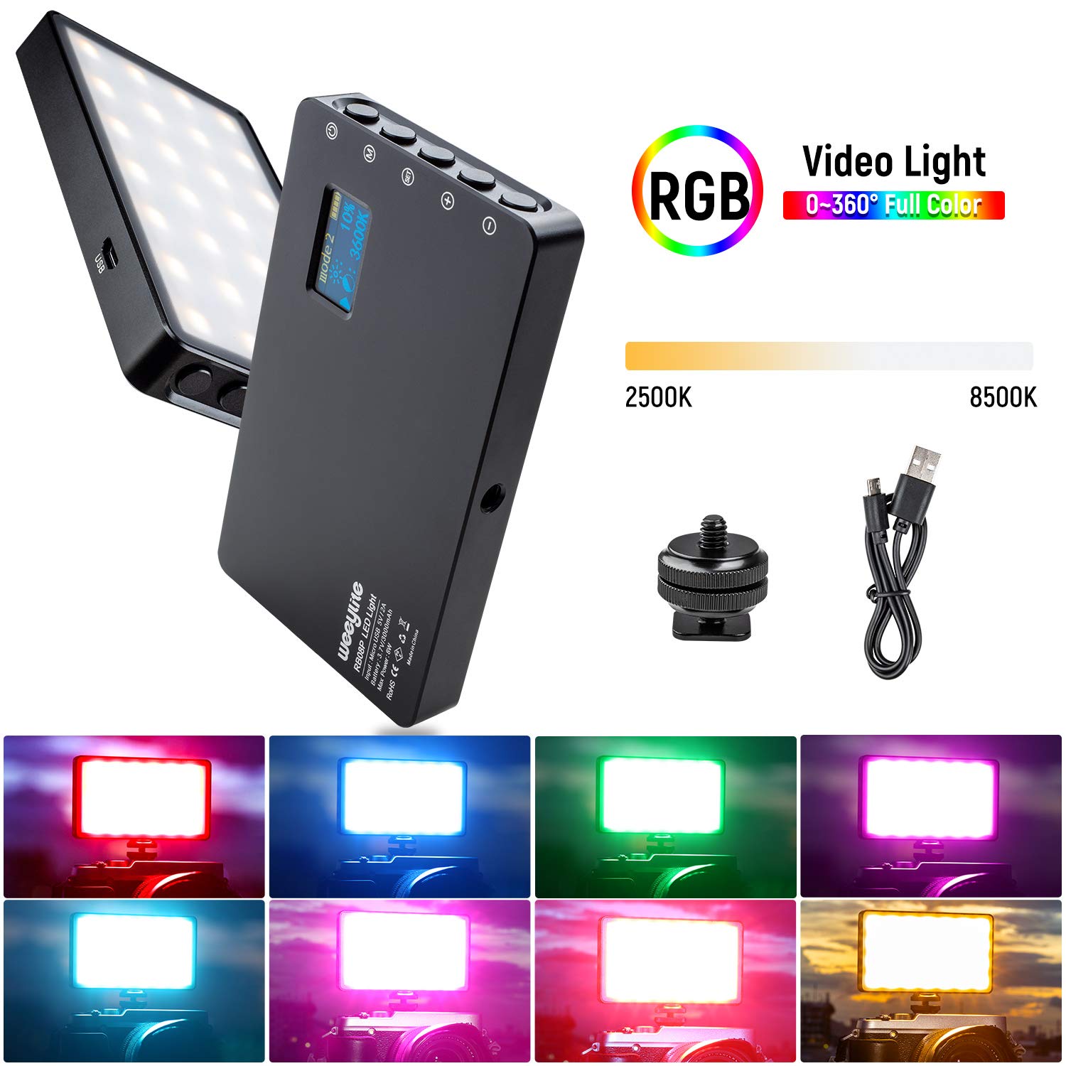 RB08P RGB LED Video Light, Portable LED Camera Light Pannel 0-360 Full Color 2500K-8500K CRI95+ Dimmable Rechargeable Aluminum Photography Lighting for DSLR,Vlogging,Video Conference Zoom YouTube