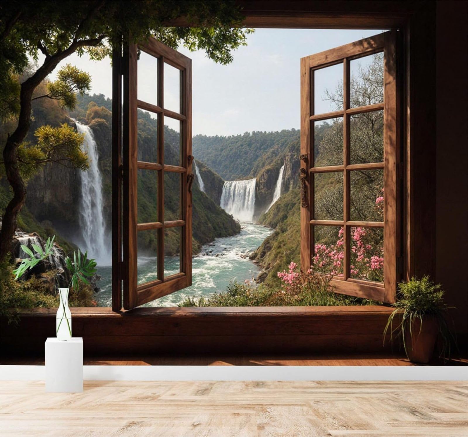Xlming 250Cm×170Cm(B×H) Bird’s Eye View Waterfall River Mountain Scenery Open Window 3D Wallpaper Silky Texture Home Study Office Grey Dining Room Sofa Bedroom Living Room Tv Backdrop-250Cm×170Cm