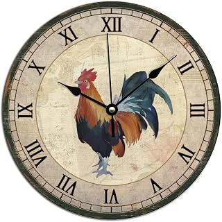 Vintage Chicken Clock for Wall French Retro Colorful Hen Chicken Hanging Wall Clocks Quality Quartz Battery Operated Silent PVC Clock for Wall for Dinning Living Room 12x12in