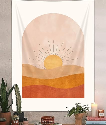Miniatura 2 de Tapiz vertical bohemio de sol, tapiz bohemio de desierto de montaña para colgar en la pared para dormitorio, tapiz minimalista amarillo, póster de