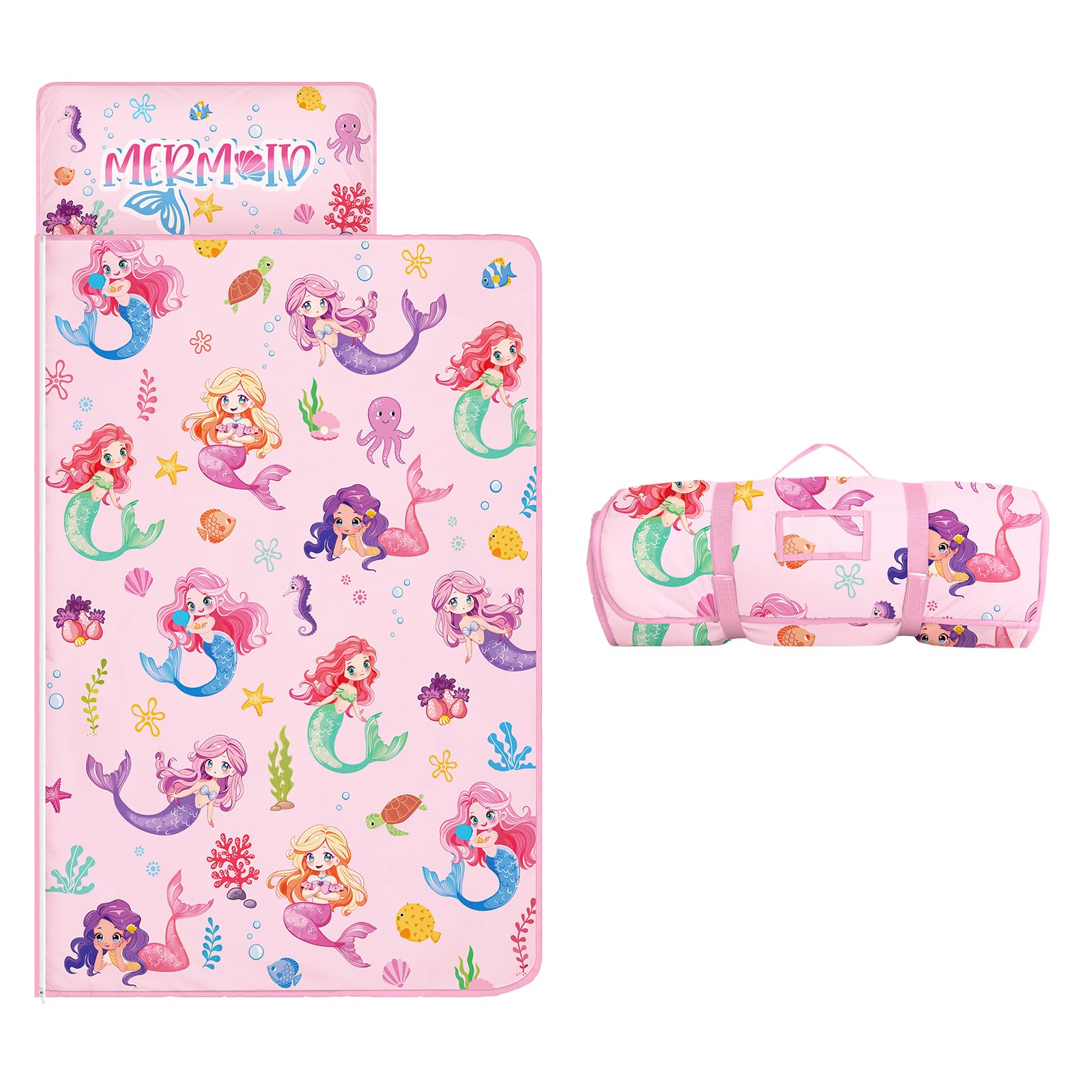 Nap Mat for Toddlers Kids Girls-Pillow,Mat,Blanket All in One-Kids Sleeping Bag for Bedroom Nursery Travel,Gift for Birthday Christmas,Mermaid Pink โ image 1