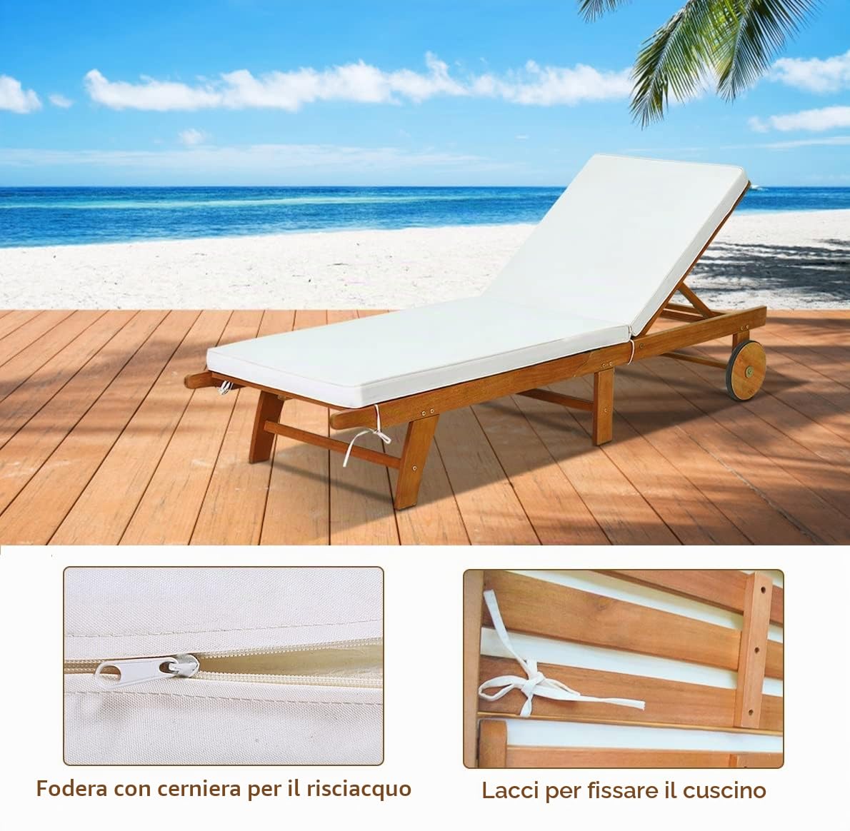 GIANTEX Lettino Prendisole Pieghevole in Legno con Schienale Regolabile | Lettino da Giardino con 2 Ruote, Cuscino, Portata Fino a 160 kg, 195x68x90-30cm