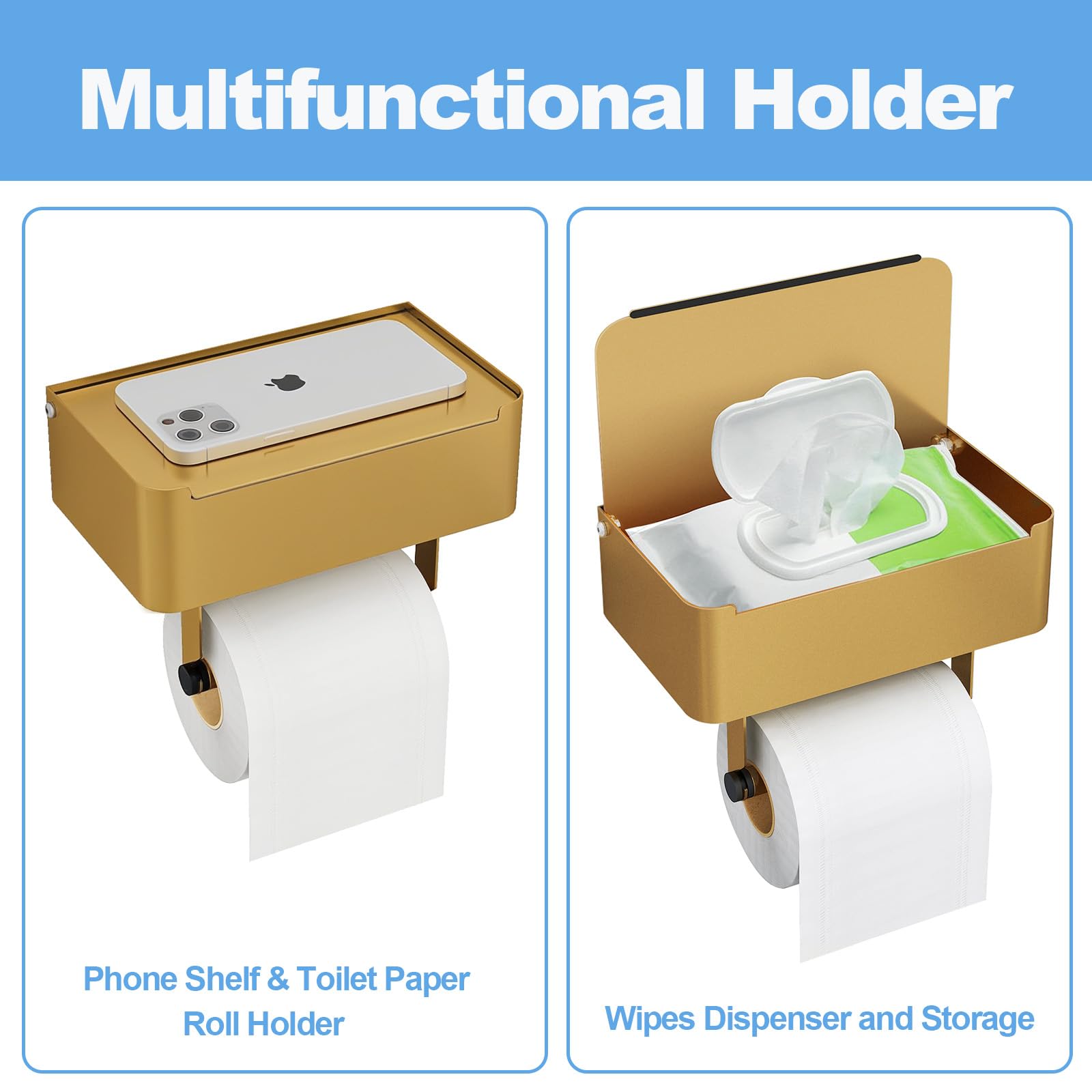 Caja para toallitas húmedas y papel papel higiénico Gypie sin taladrar, soporte dorado y acero inoxidable