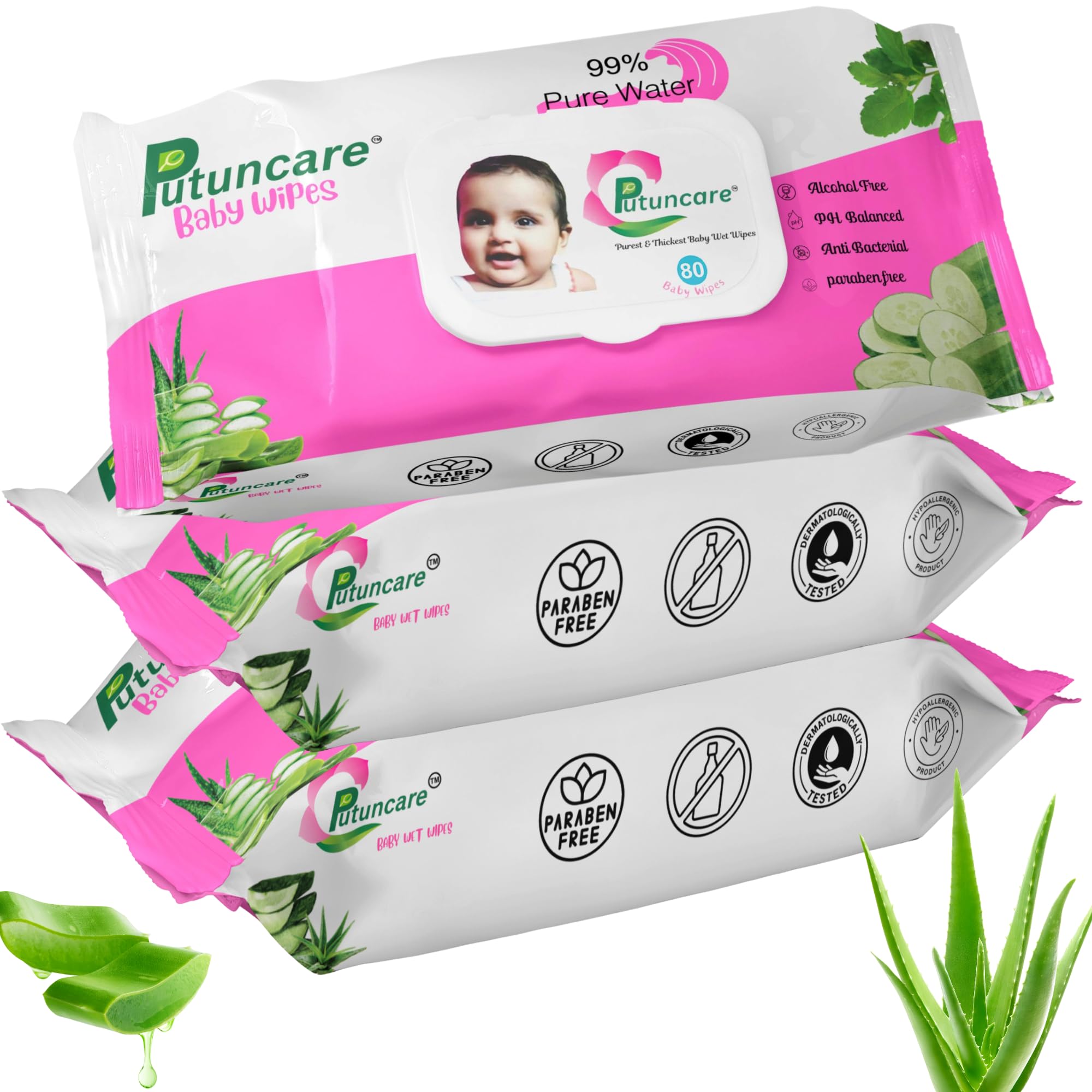 Putuncare Baby Wipes with 99% Pure Water – 80 Wipes per Pack (Pack of 3, Total 240 Wipes) | Aloe Vera & Cucumber | pH Balanced, Paraben-Free-image-24
