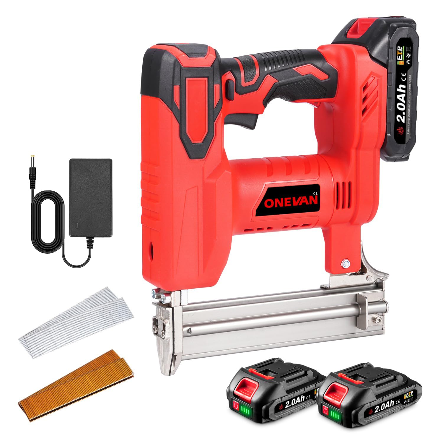ONEVAN Grapadora y pistola de uñas, 2 en 1 grapadora eléctrica y clavadora con batería con 2 baterías de 2000 mAh, 80 clavos/min, grabadora de uñas para madera, incluye 100 clavos de 30 mm y 100