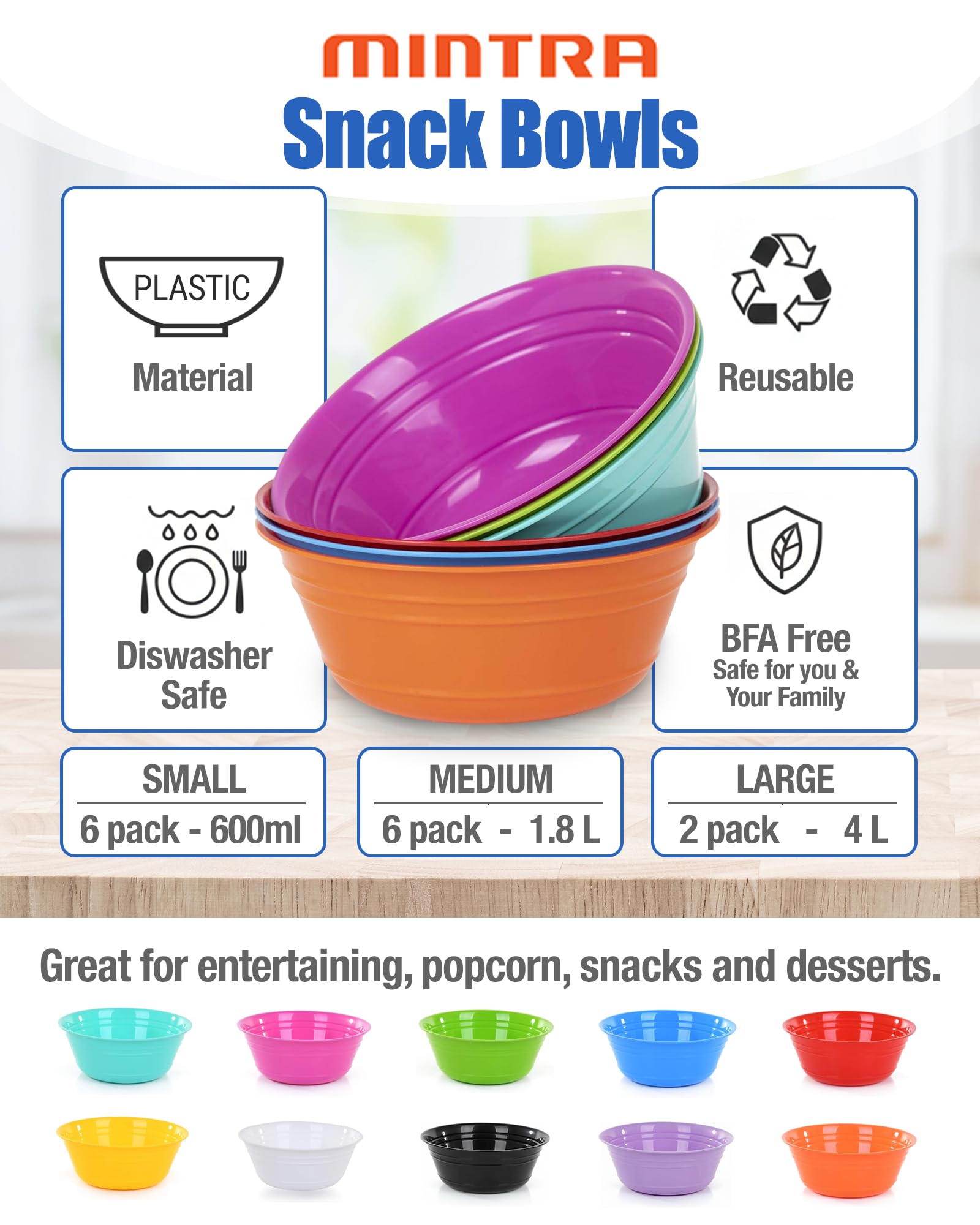 Mintra Home Lot de 6 Bols ronds 970 ml - Plastique incassable - Réutilisable, sans BPA - Soupes, Snacks, Salades, Céréales - Convient au micro-ondes/lave-vaisselle (Bleu Sarcelle)