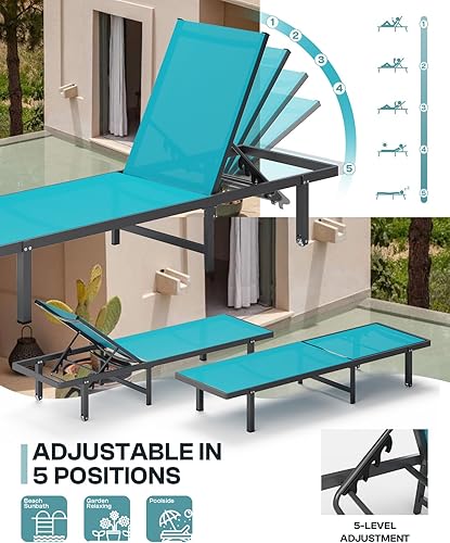 Miniatura 6 de Sillones de piscina, tumbona al aire libre con ruedas y sillón reclinable de 5 posiciones, fácil de mover, silla de aluminio para patio, junto a la