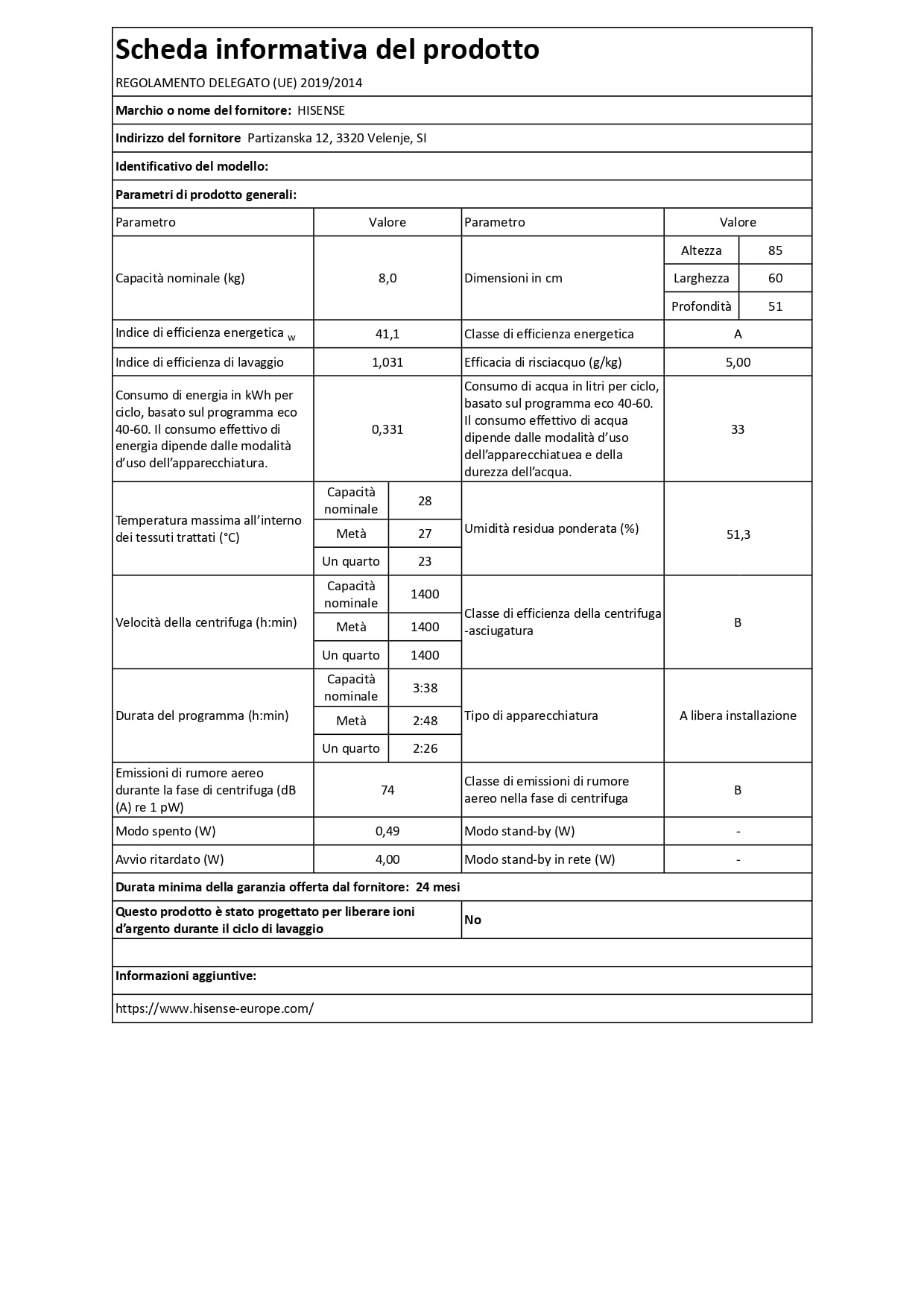 Hisense WF1Q8041BT – Lavatrice 8 kg, Classe A‑20%, Steam Wash, Motore Inverter, Programma Rapido 15’, Drum Clean, Partenza Ritardata, Display LED, Hygiene Guard, Alta Sostenibilità
