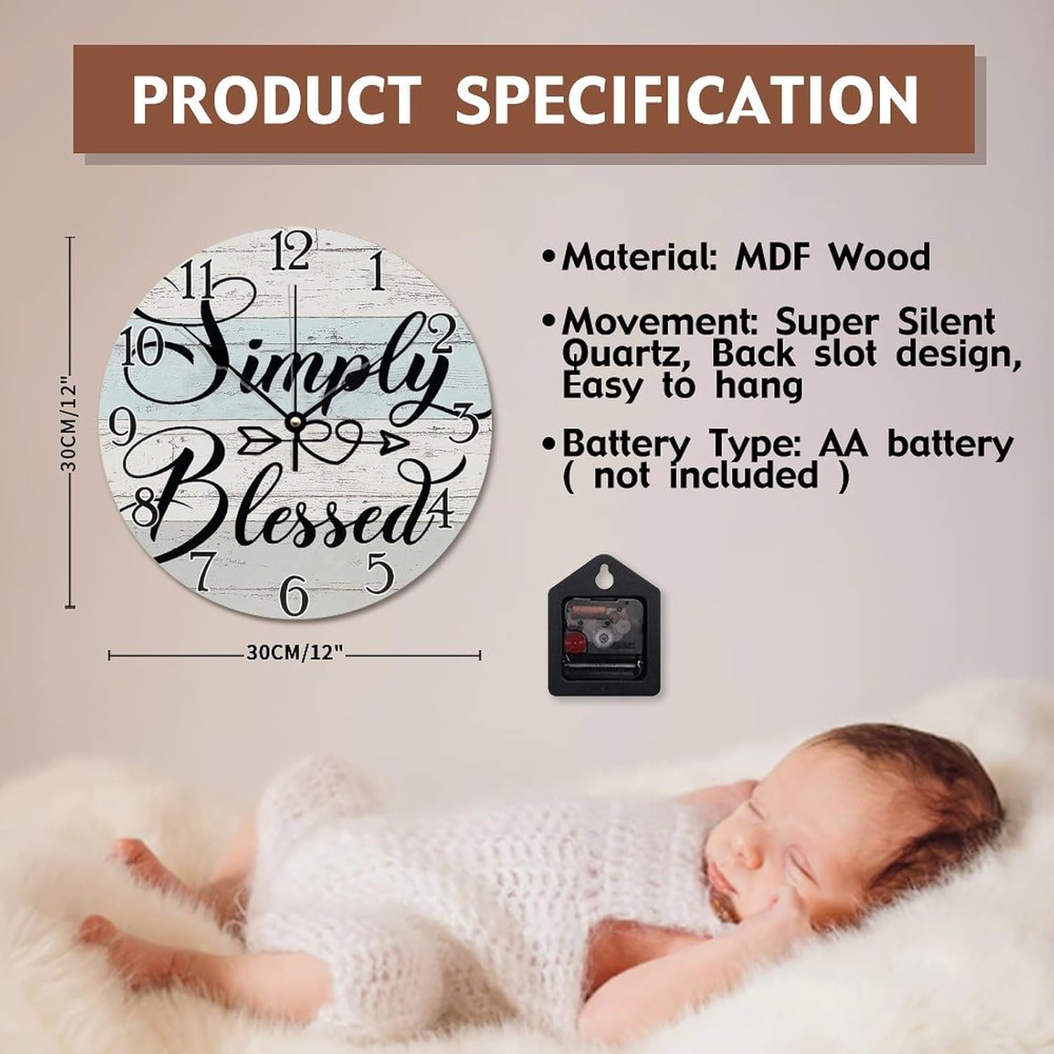 Simply Blessed Clock Christian Jesus Quote 12 Inch Wall Clocks Battery Operated Silent Non-Ticking Bible Verse Home Decor Wall Decor for Living Room Kitchen Bedroom Bathroom