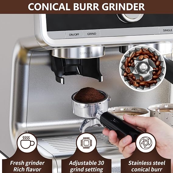Acekool 20 Bar Espresso Machines with Grinder, Professional Espresso Maker with Removable Water Tank, Milk Frother Steam Wand for Latte&Cappuccino (Silver)