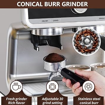 Acekool 20 Bar Espresso Machines with Grinder, Professional Espresso Maker with Removable Water Tank, Milk Frother Steam Wand for Latte&Cappuccino (Silver)