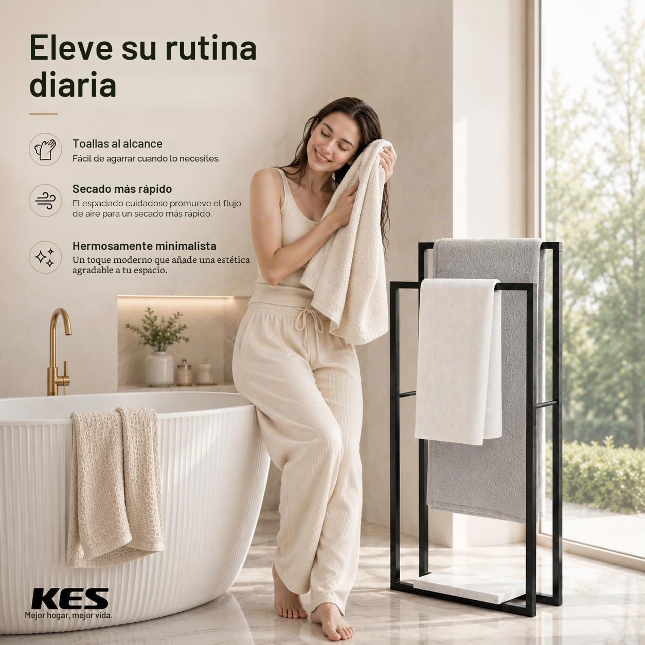 KES Toallero de Pie Toallero Negro con Base Mármol Toalleros de Baño 2 Niveles Barra Toallas Baño Barra, BTH501-BK