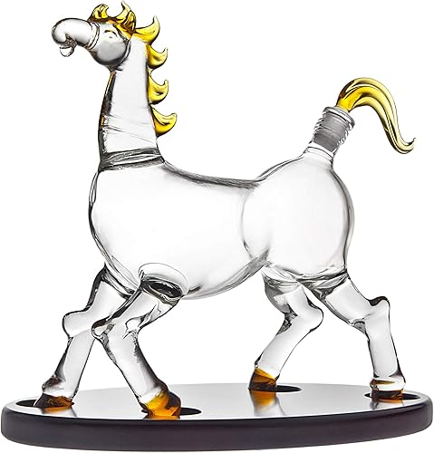 Miniatura 2 de Decantador de whisky animal caballo en bandeja de exhibición de madera - para licor escocés vodka o vino - 16.9 fl oz transparente