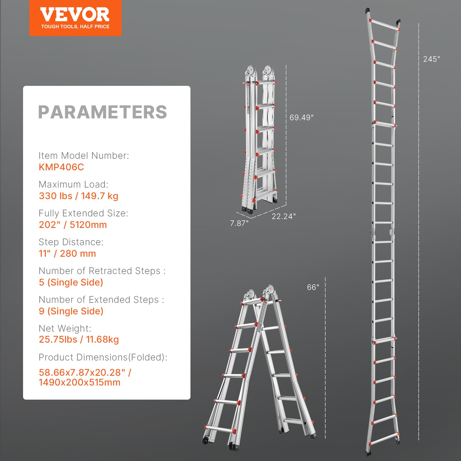 VEVOR Scala Telescopica con Telaio ad A 6230 mm Scala Estensibile Compatta in Alluminio, Scala Pieghevole Portatile Multifunzione per Camper, Scala Telescopica per Compiti, Capacità di Carico 149,7 kg