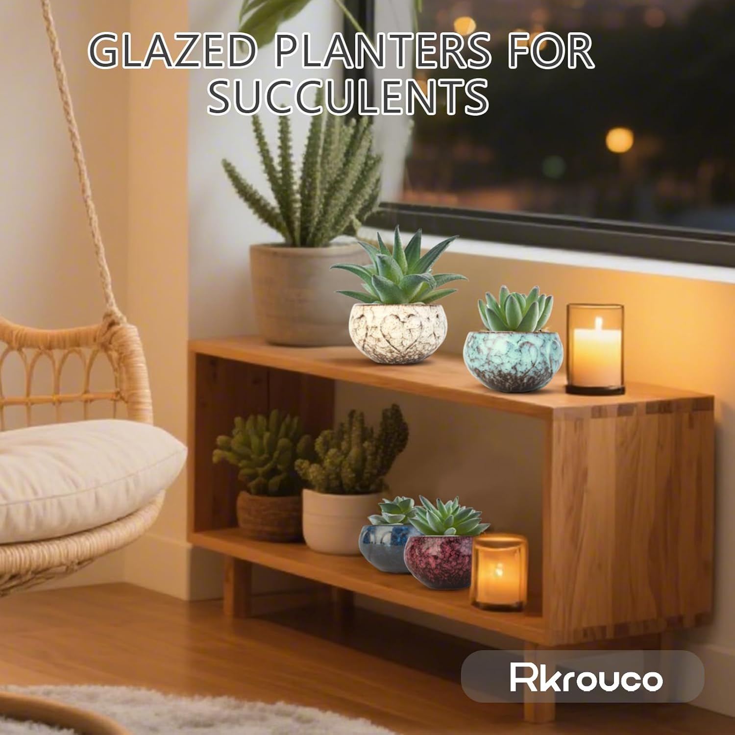 Ceramic Plants Pots 3 Inch Set of 4 Flower Pots with Drainage and Bamboo Tray for Indoor/Outdoor Small House Plants,Foliage Plant