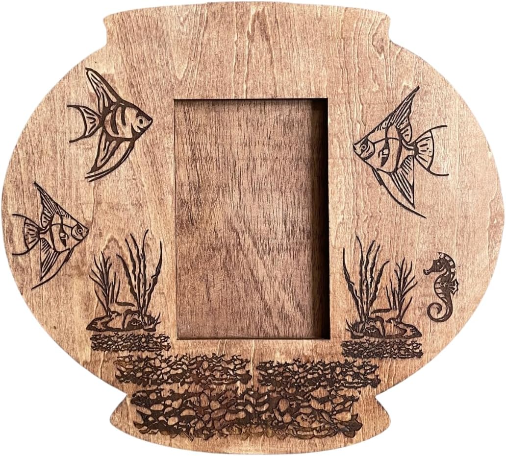Fish Tank Picture Frame for 4x6 Photos | Engraved Wood Aquarium Décor | Pet Fish Lover Gift with Stand and Wall Mount