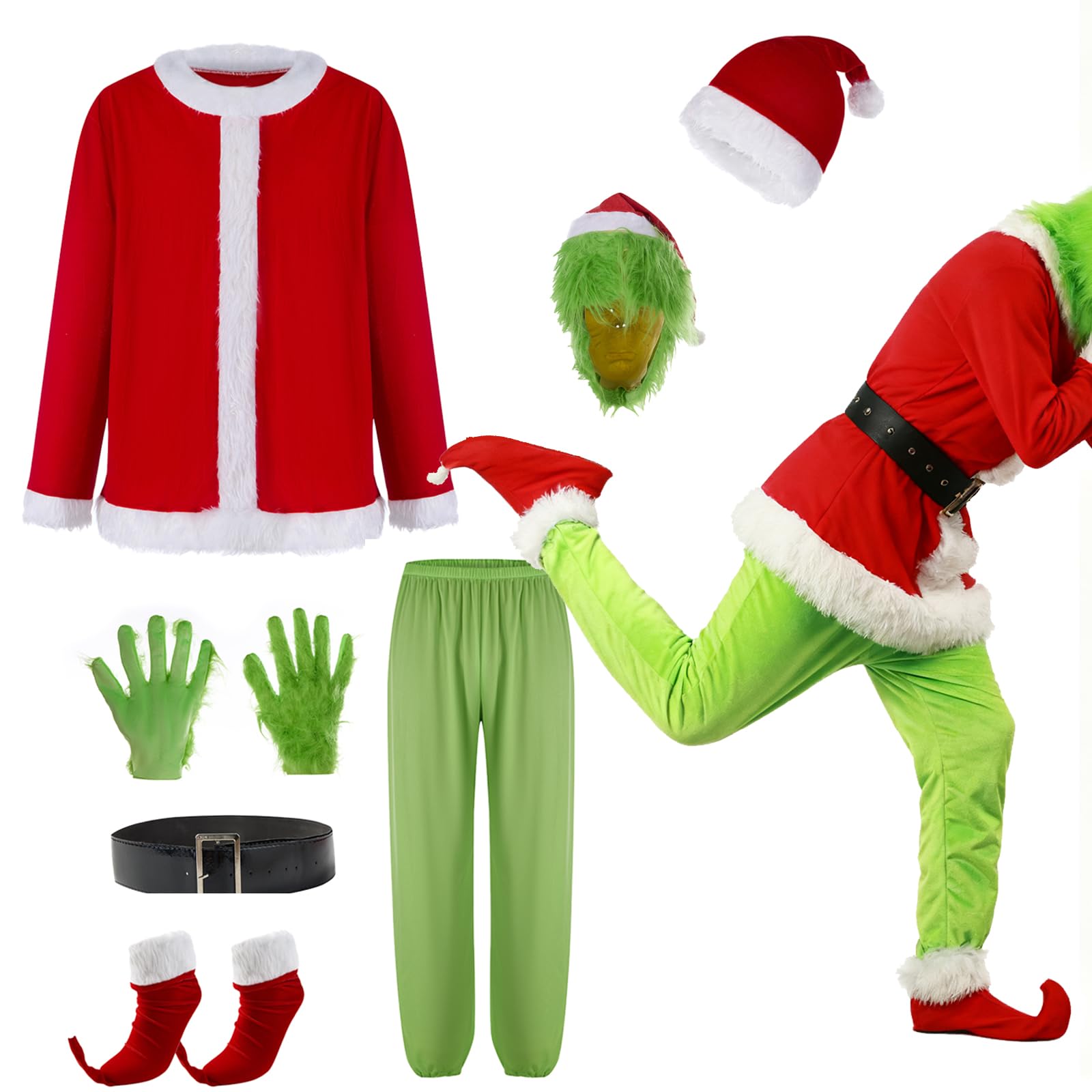 Adrinfly 7pcs Christmas Big Monster Santa Suit for Adult Green Deluxe Santa Costume With Mask