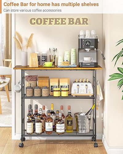 Miniatura 6 de Isla de cocina con 3 estantes, carrito de cocina rodante con 6 ganchos y estante protector, soporte de microondas con ruedas bloqueables, estante