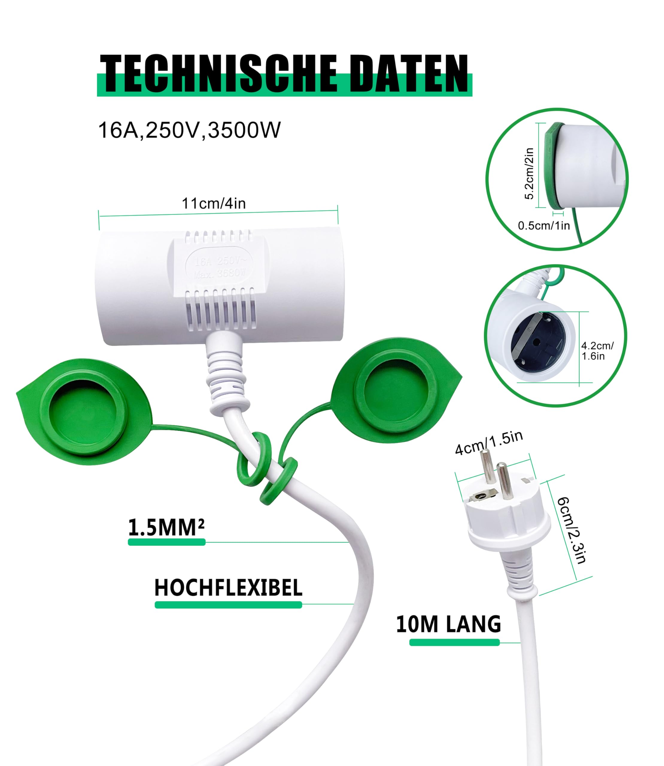 XINWANG Prolunga IP44 H05VV-F 10m, Bianca, 2 Prese Schuko | Cavo H05VV-F 3G1,5mm² con 2 prese Schuko protette per uso esterno temporaneo in giardino, terrazza e fai da te