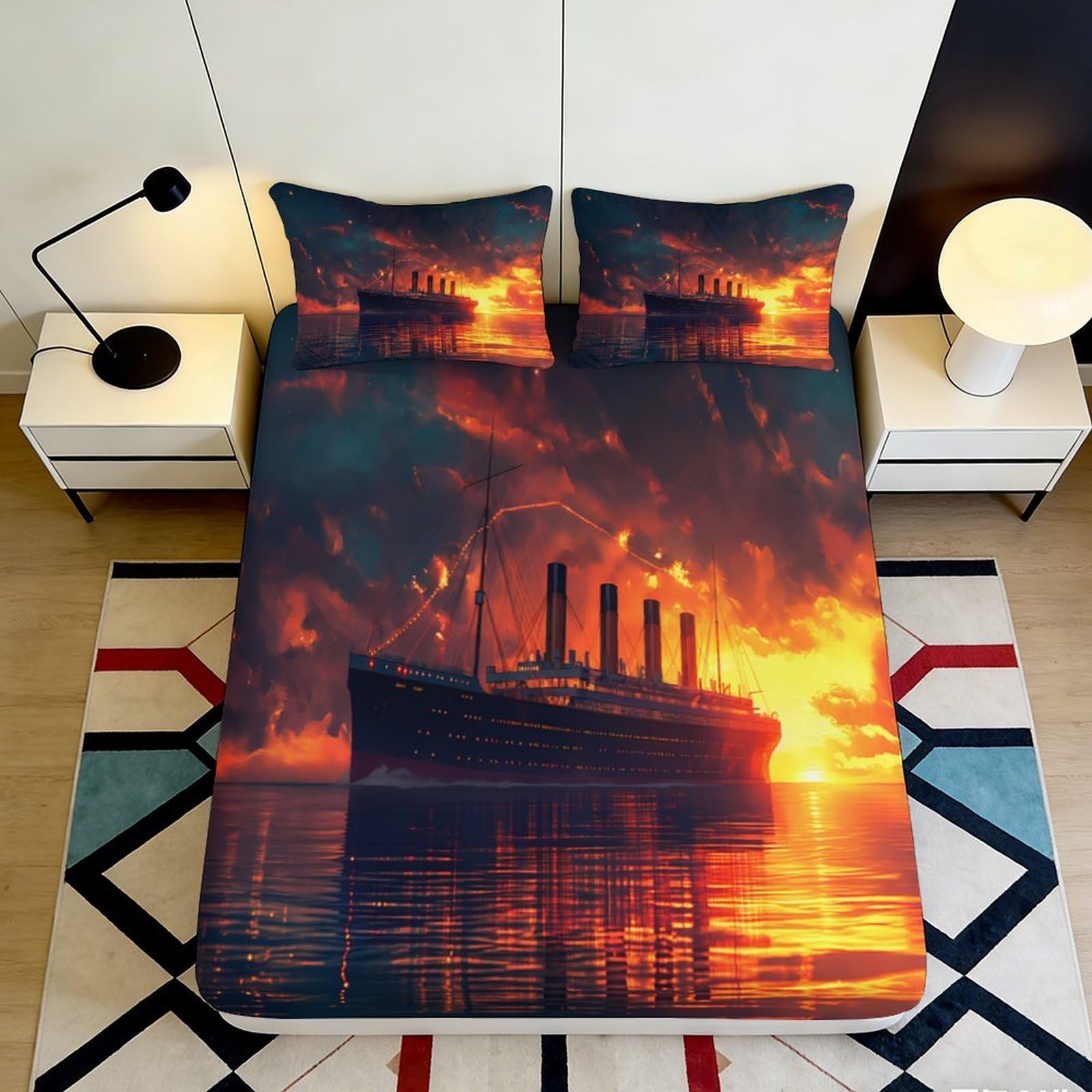3D Printed Sunset Ocean Fitted Sheet Microfiber Ship Silhouette Mattress Cover Anti-Slip Machine Washable Bedroom Decor 90x200x25cm
