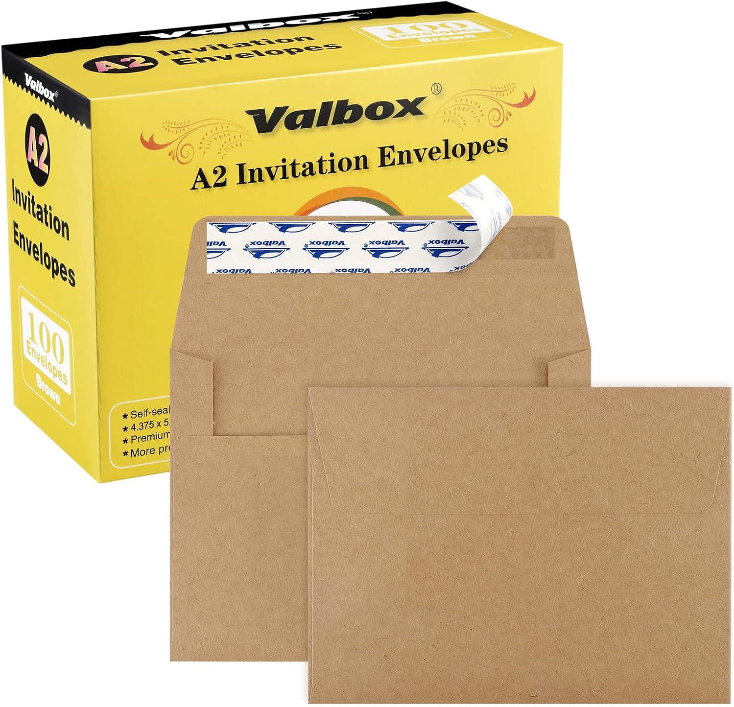 ValBox A2 brown kraft envelopes stacked with flap and front views