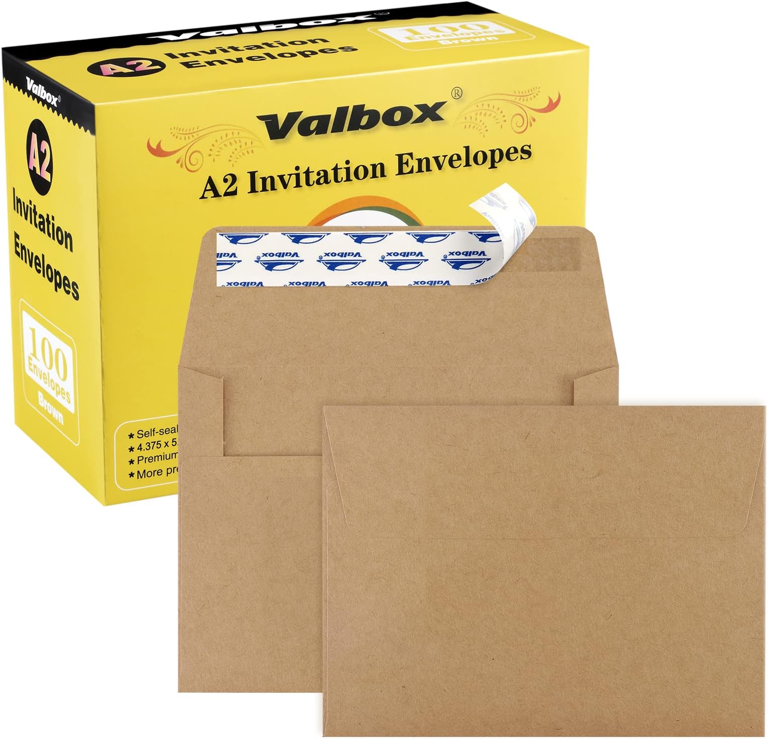 ValBox A2 Invitation Envelopes 100 Qty 4.375x5.75" Brown Kraft Envelopes Self Seal for Invitations, Photos, Wedding, Announcements, Thank you Notes, RSVP, Greeting Cards | 4-3/8 x 5-3/4 Inches(A2)