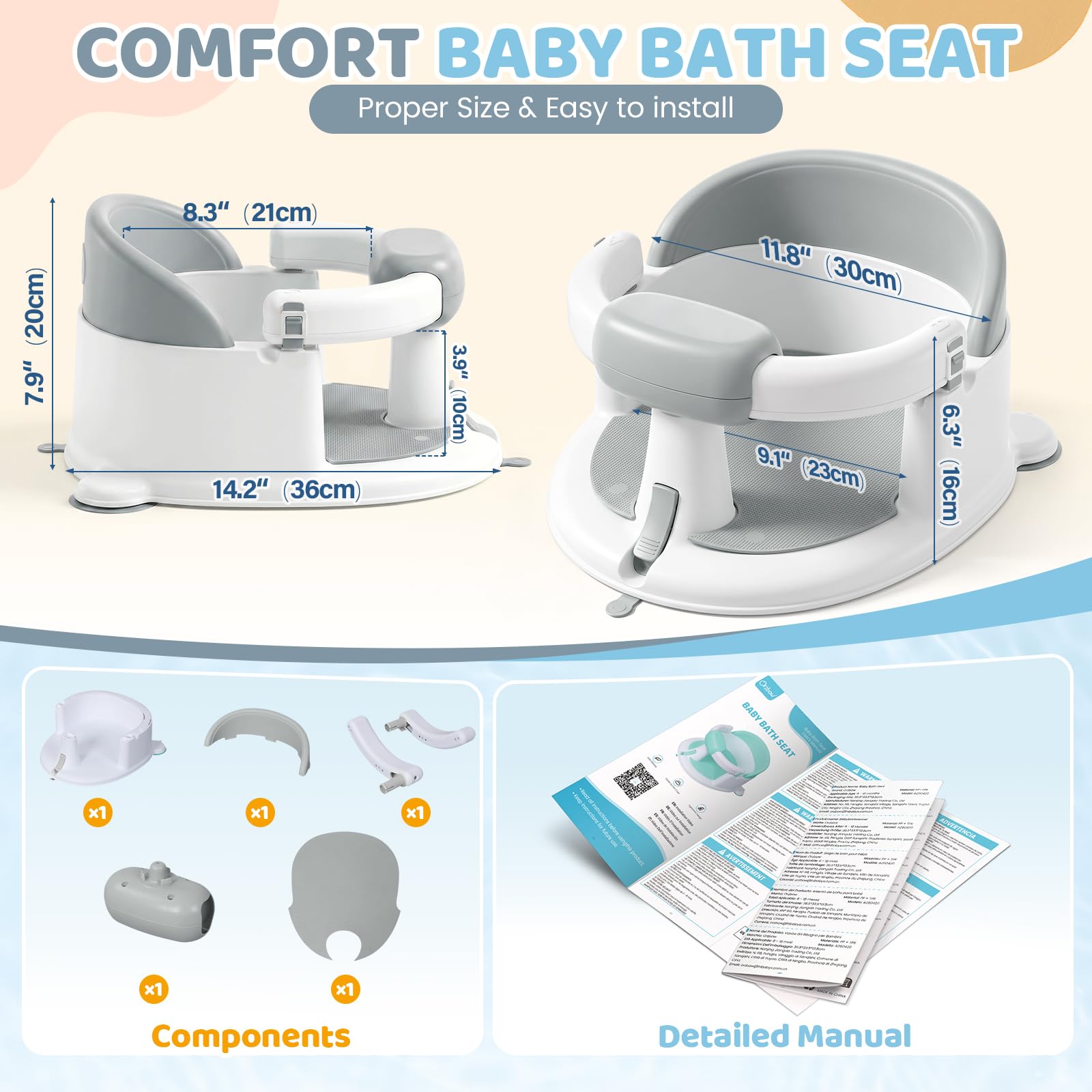 Orzbow Asiento Bañera Bebe de 6 a 24 Meses con Pegatina Temperatura, Gris