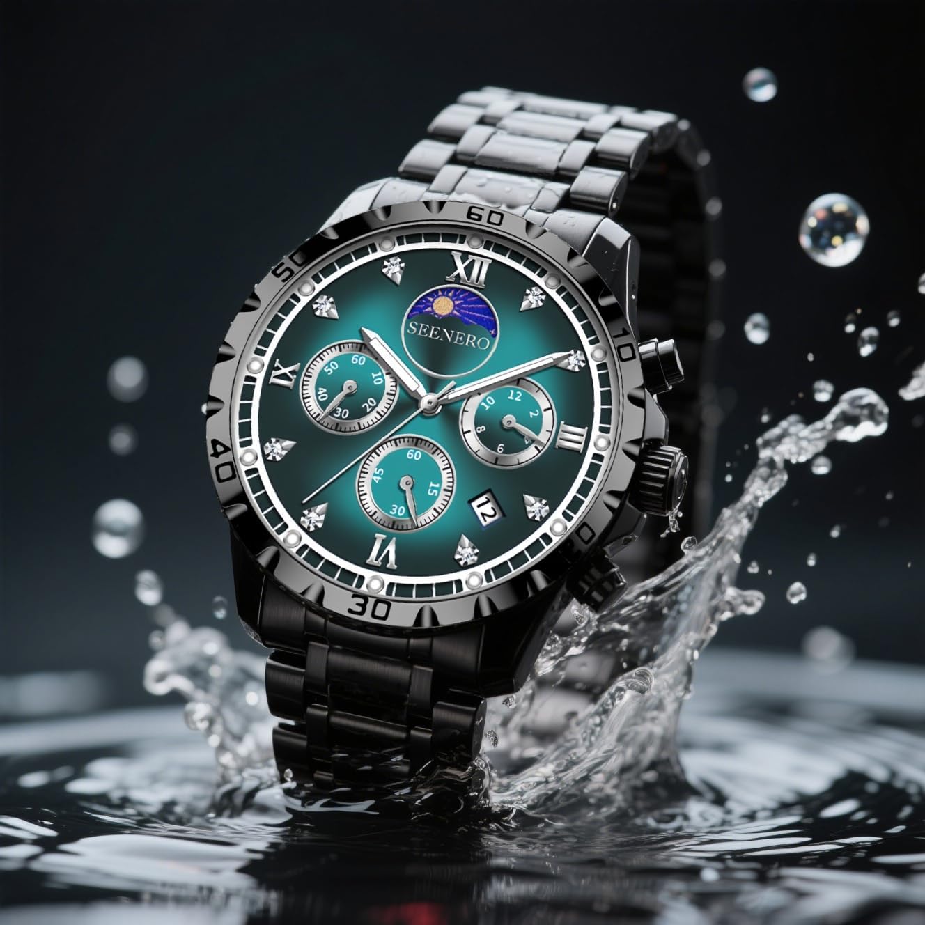Watches For Men Luxury Stainless Steel Quartz Chronograph Waterproof Moonphase Watch With Luminous Roman Diamond Dial Fashion Dress Business Timepiece, Perfect Mens Gifts For Birthday Anniversary Or Holiday