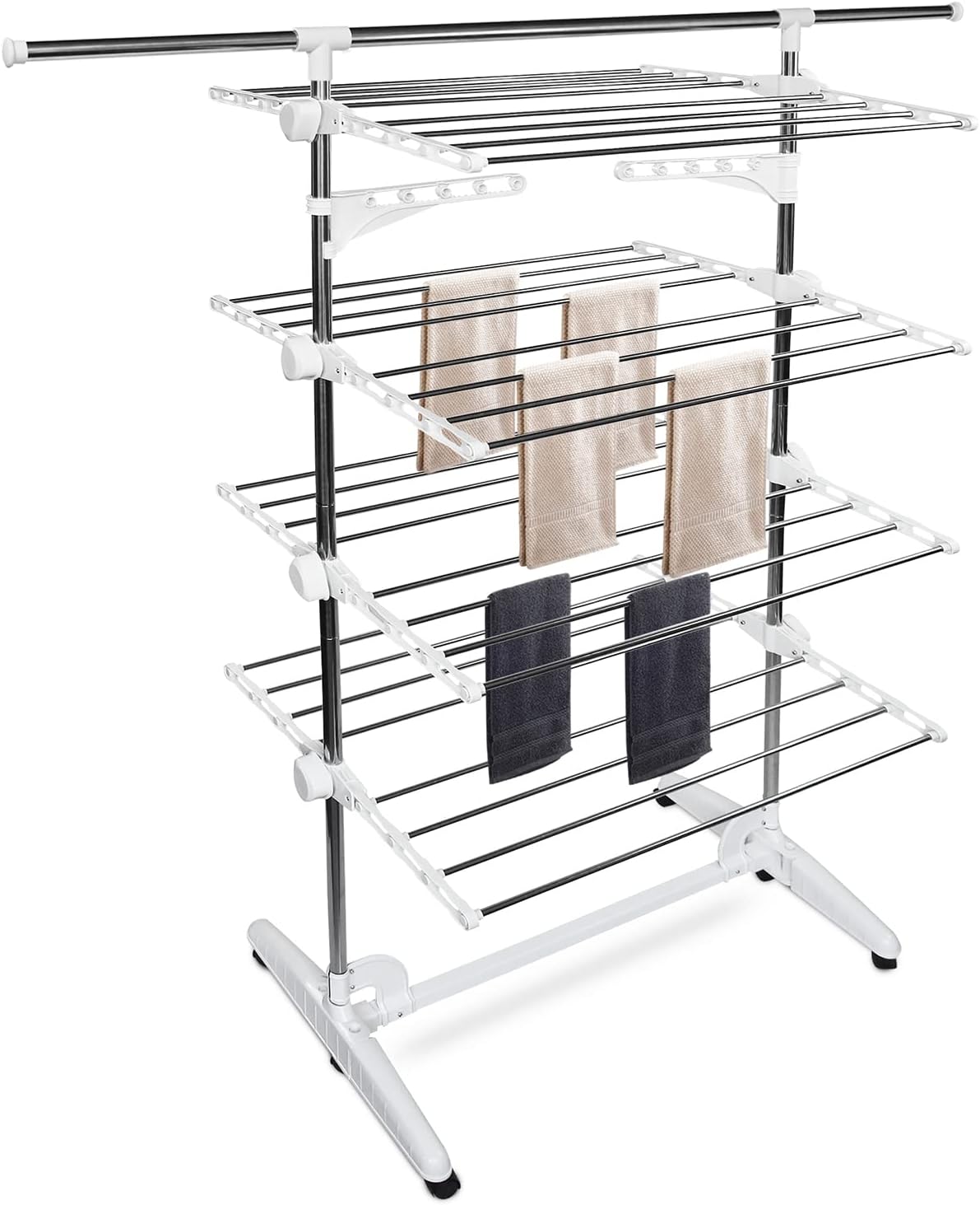 Todeco 4 Tier Clothes Airer, Folding Stainless Steel Laundry Drying Rack, Adjustable Dry Rail Hanger with Wings and Extendable Top Bar