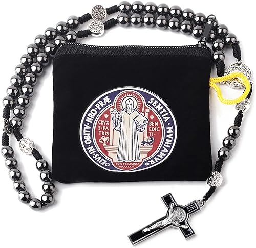 Luomu Rosario de hematita de 0.315in, cuentas de piedra negra con cuentas de metal de San Benito, cuentas de acero inoxidable de 0.157in y collar de