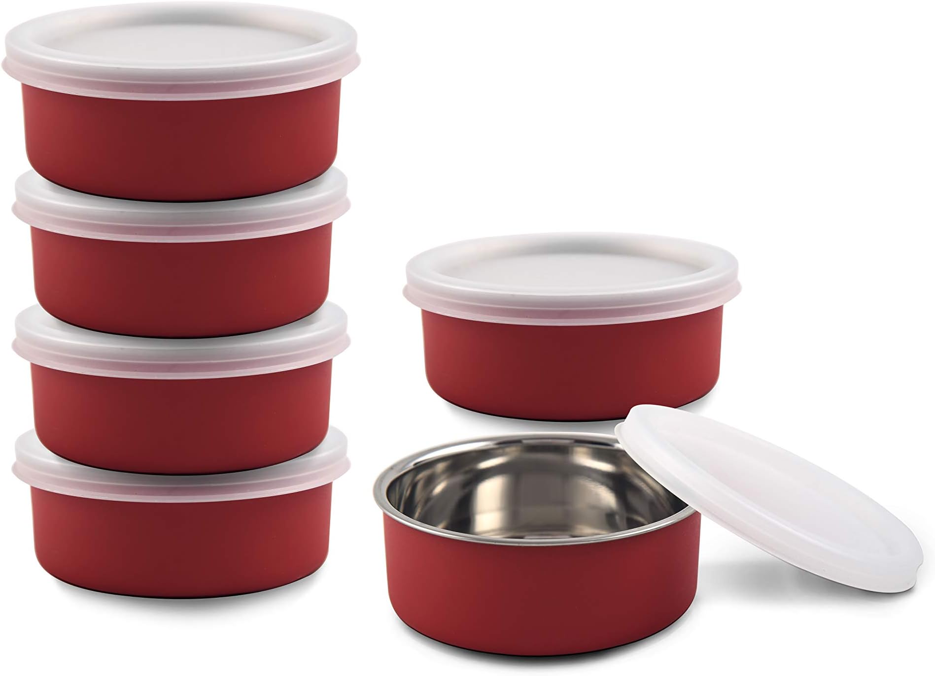KINSHIP MICROWAVE SAFE STAINLESS STEEL SMALL LUNCH CONTAINERS FOR OFFICE/HOME - SET OF 6 (RED, 6 x 11 CM, 6 x 300 ML APPROX.)