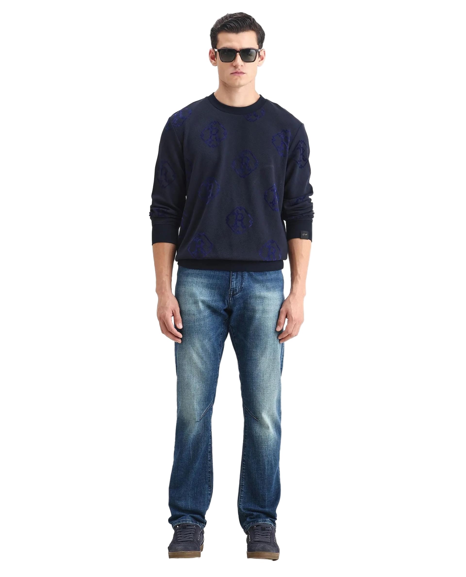 Men Ron Regular Fit Monogram Print Cotton Crew Neck Sweatshirt-image-16