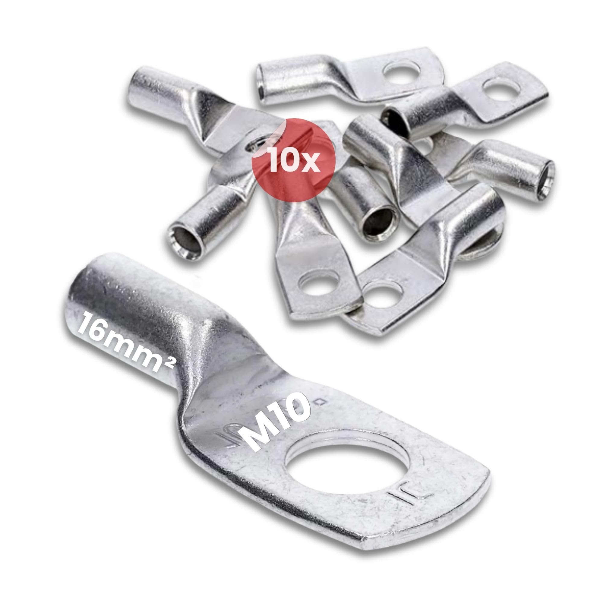 Kalitec 10x Terminales de Cable Tubular 16 mm² M10, Conector de Cobre | Terminales de compresión galvanizados para instalaciones eléctricas en coche, sistemas solares y hogar, sin orificio visual