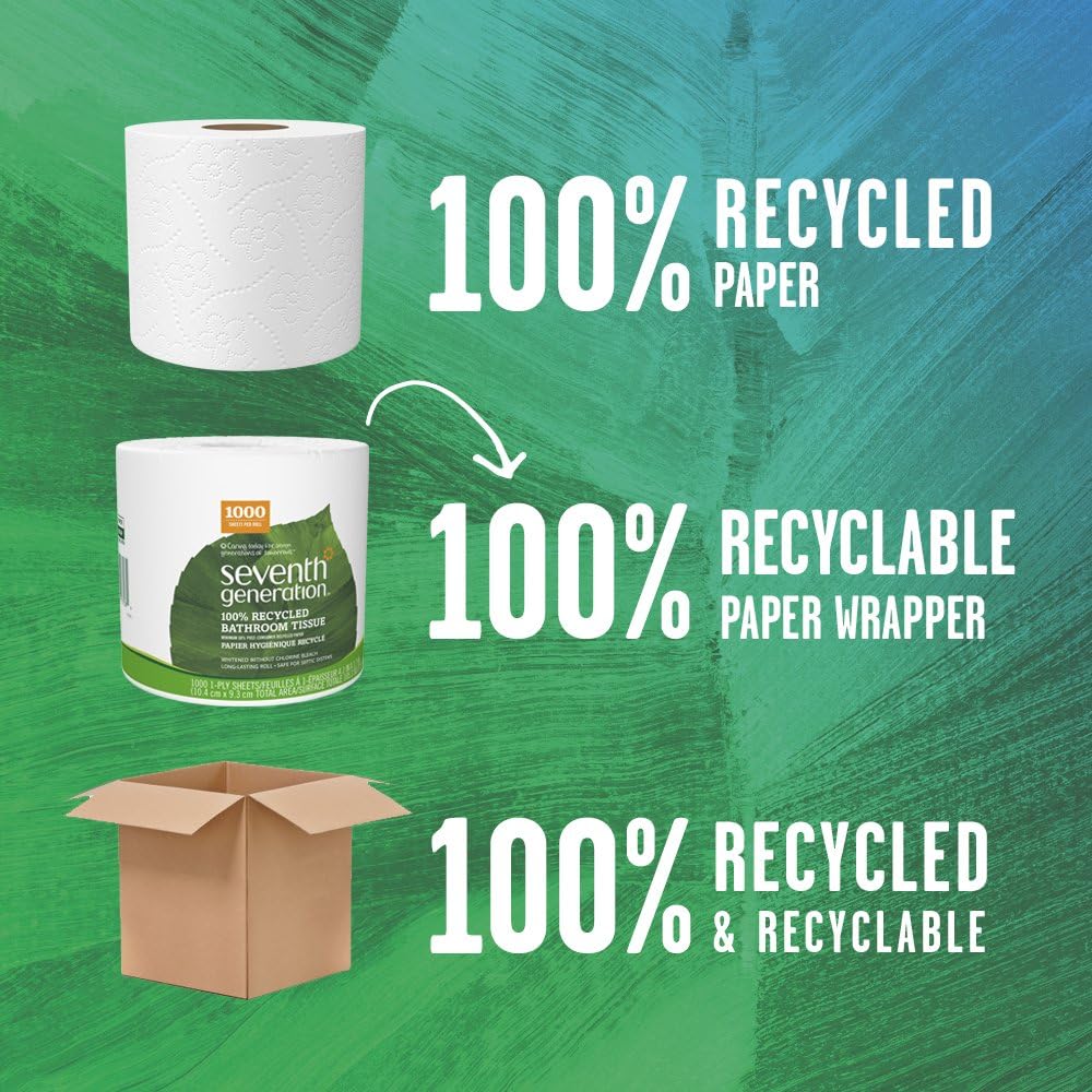 Seventh Generation Toilet Paper, Bath Tissue, 100% Recycled Paper, 1000 Sheets Per Roll, 60 Count (Pack of 1)