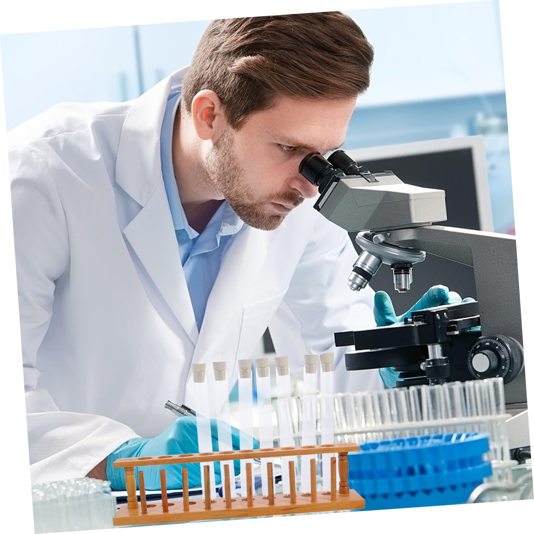 Set di Provette in Vetro con Tappi e Portaprovette in Legno per Esperimenti Scientifici Laboratorio e Attività Creative, Spazzola per Pulizia Inclusa